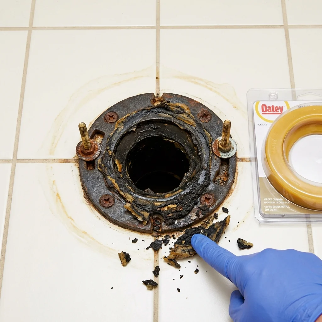 Failed wax ring showing water seepage at the base of a toilet in a Union, ME home