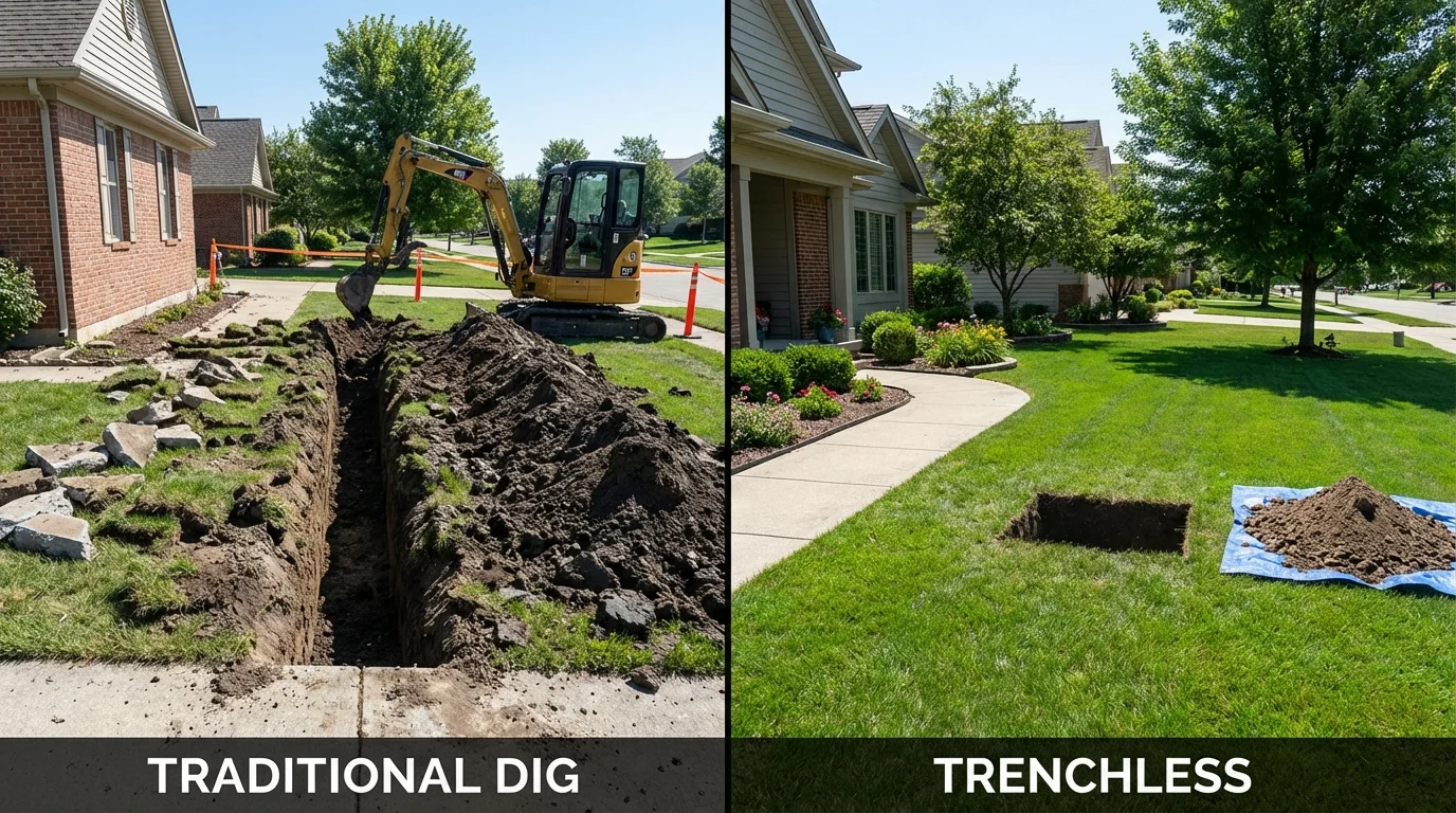 Trenchless sewer repair with minimal yard damage versus traditional excavation in Union, ME