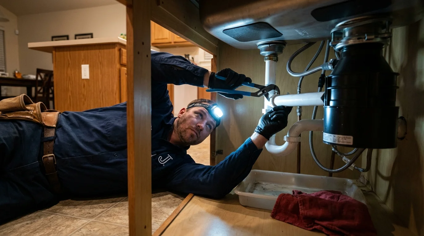 P-trap and supply line connections under a kitchen sink showing a common leak point in Union, ME
